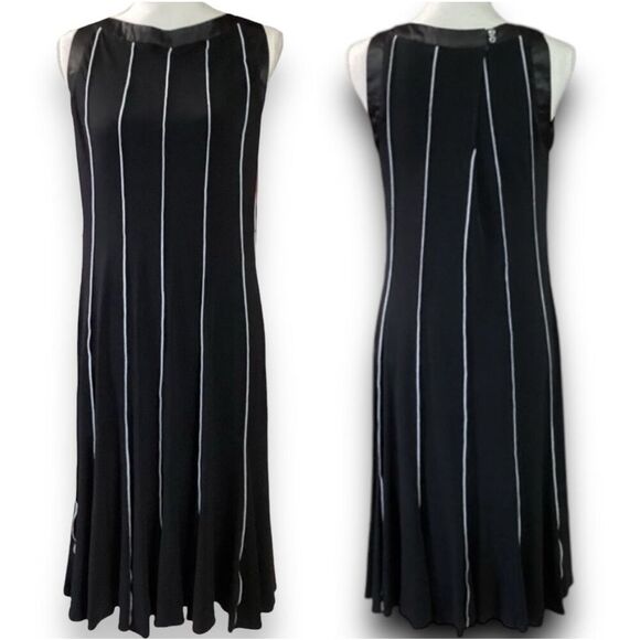 Sandra Darren Black with White Pinstripes Below the Knee Flowing Stretchy Dress - Picture 1 of 9